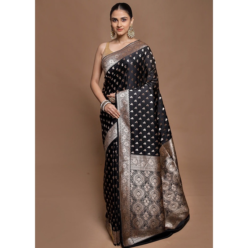 Black Katan Silk Saree With Blouse Piece - JD986604163