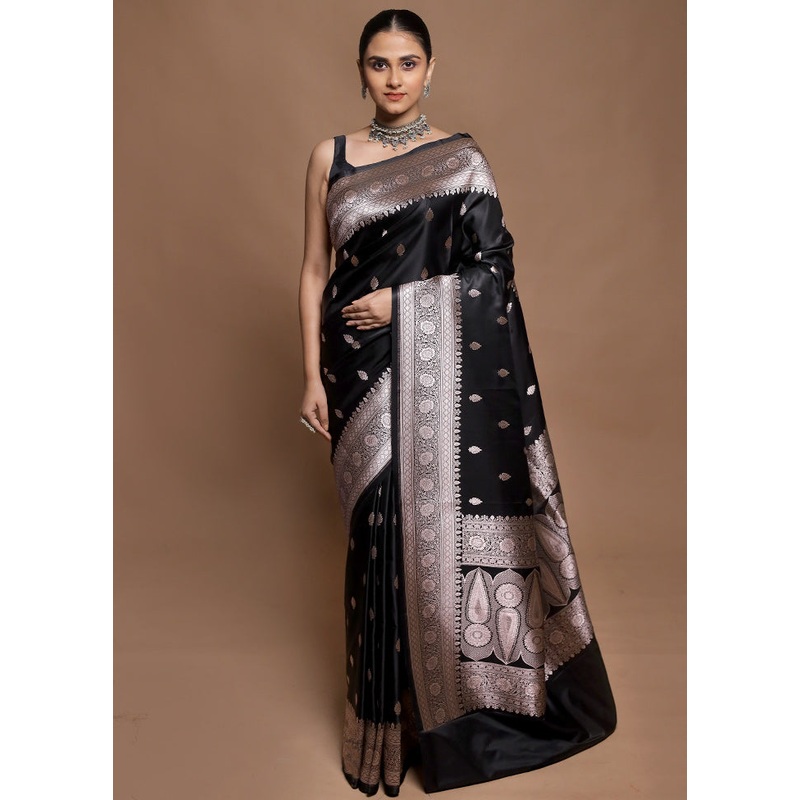 Black Katan Silk Saree With Blouse Piece - JD986604164