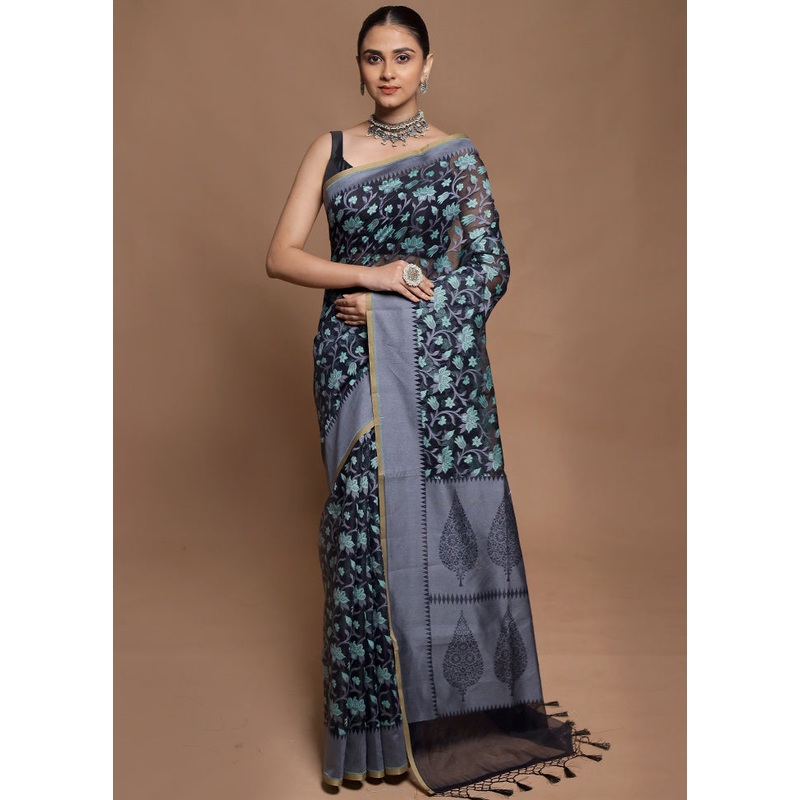 Black Kora Silk Saree With Blouse Piece - JD986604161