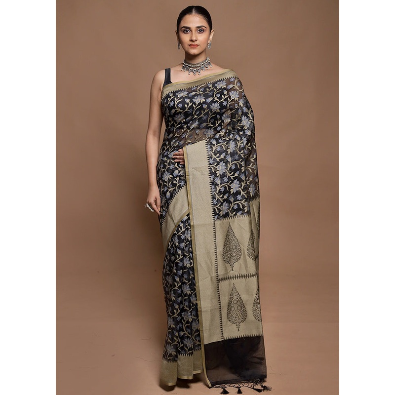 Black Kora Silk Saree With Blouse Piece - JD986604162