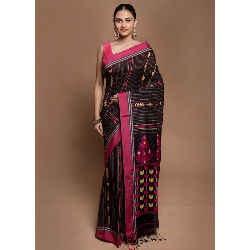 Black Pure Cotton Saree With Blouse Piece - JD986604160