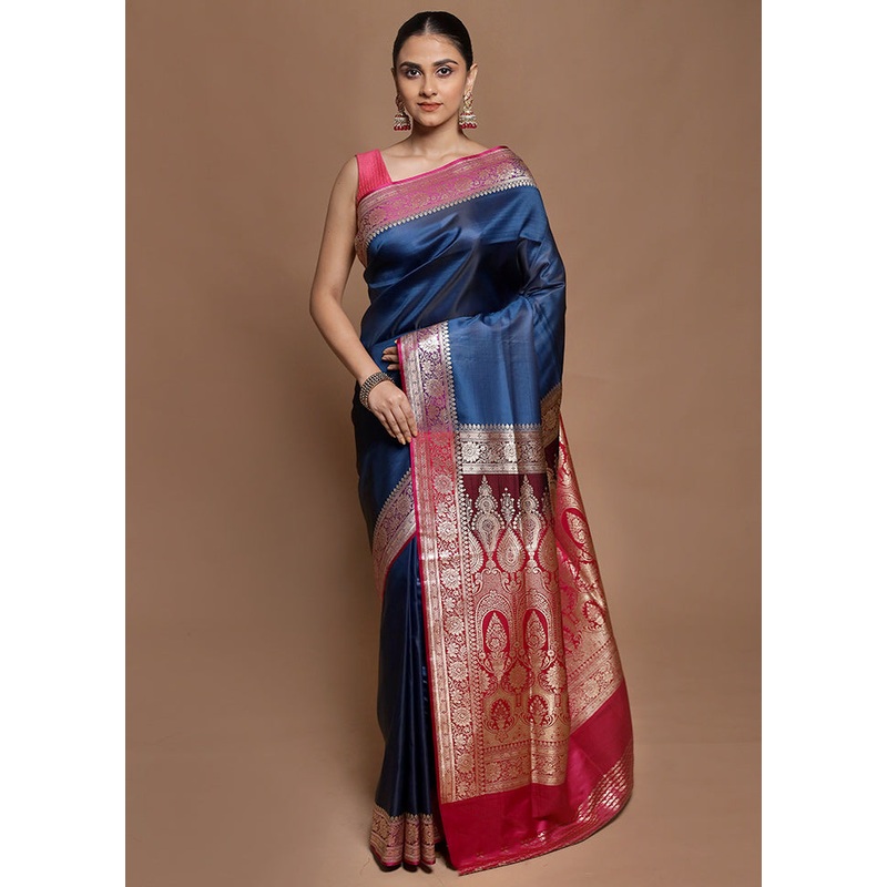 Blue Banarasi Silk Saree With Blouse Piece - JD986604158