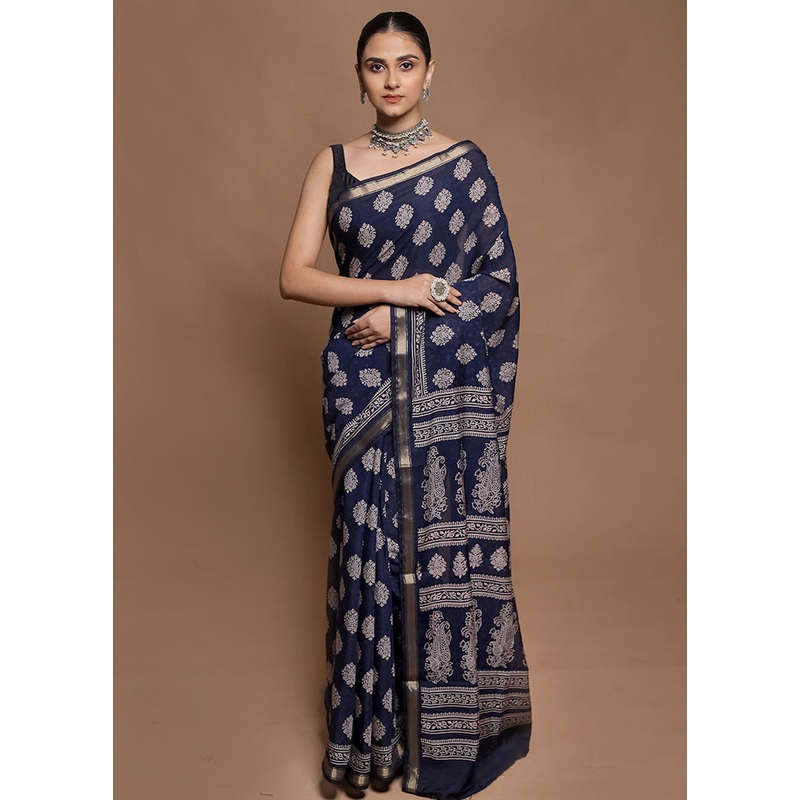 Blue Chanderi Cotton Saree With Blouse Piece - JD986604157