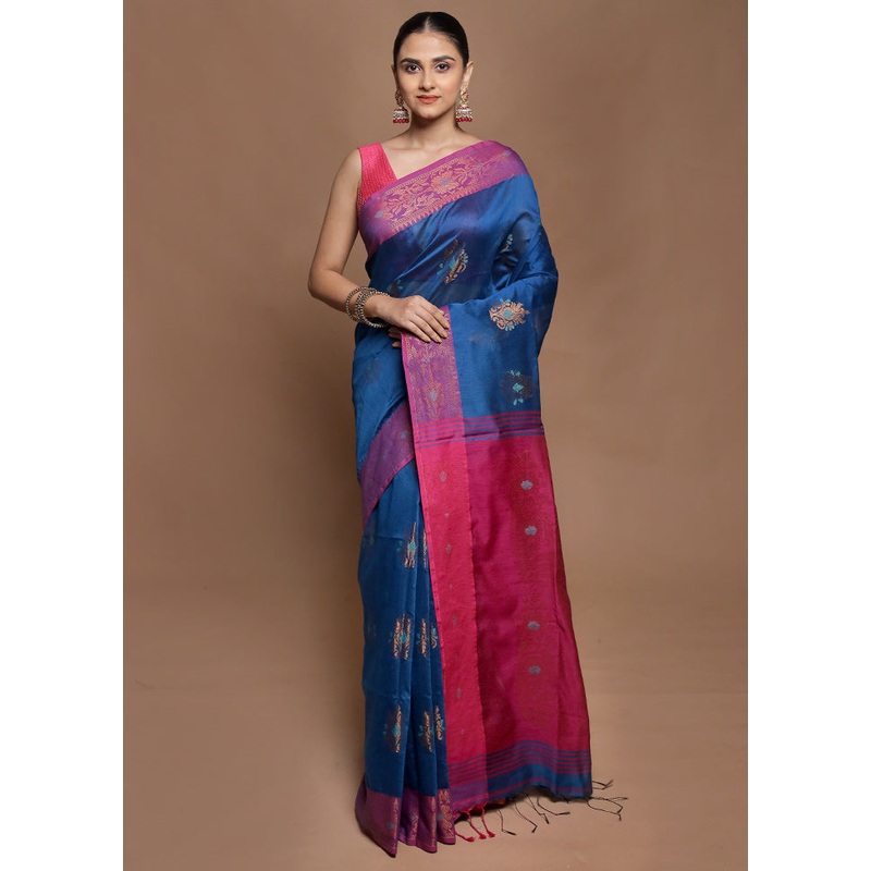 Blue Cotton Saree With Blouse Piece - JD986604154
