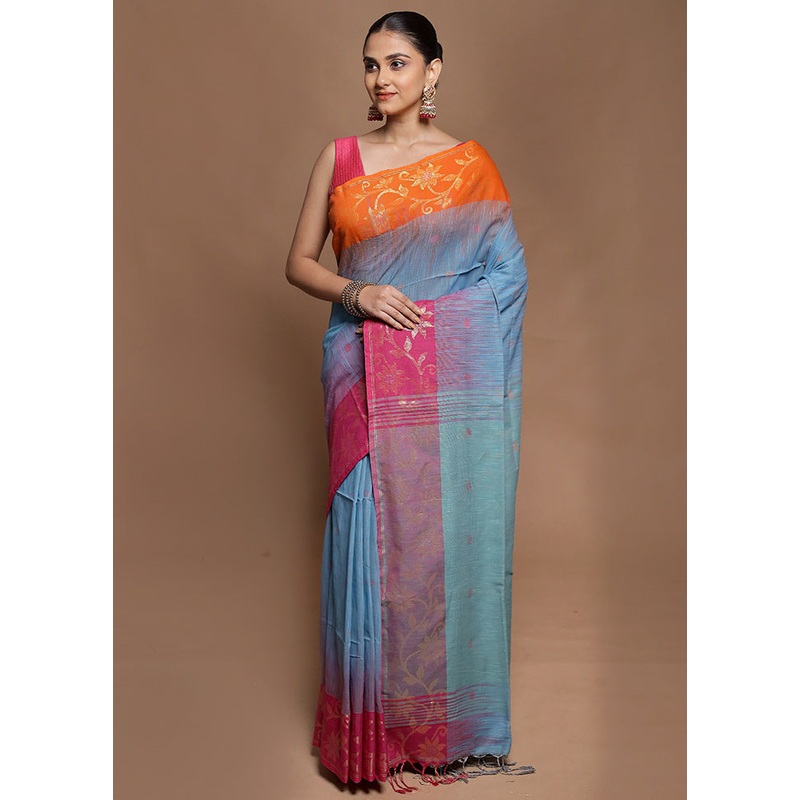 Blue Cotton Saree With Blouse Piece - JD986604155