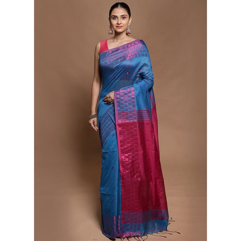Blue Cotton Saree With Blouse Piece - JD986604156