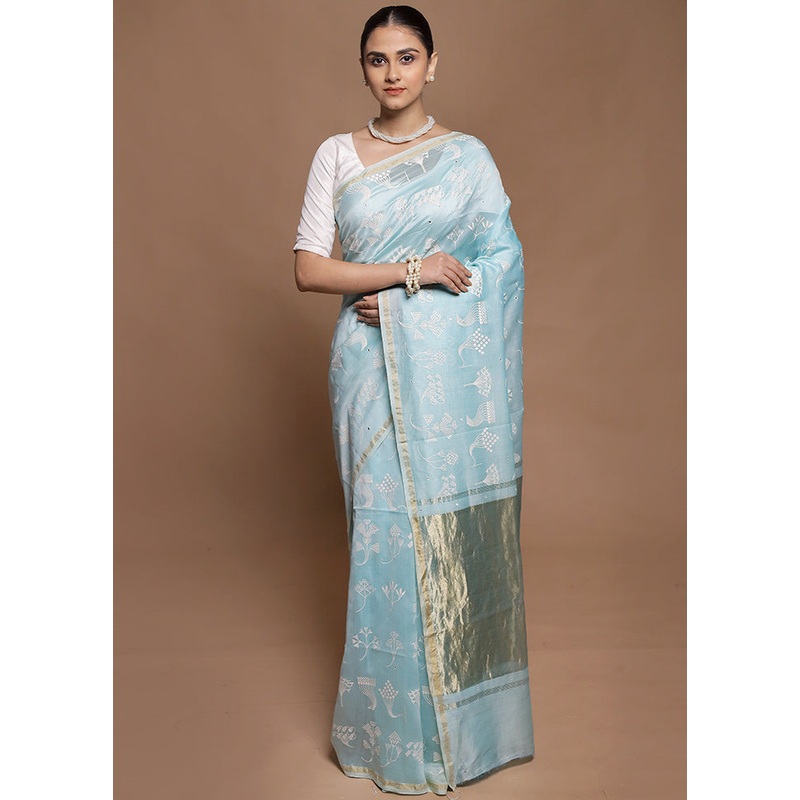 Blue Handloom Tussar Pure Silk Saree With Blouse Piece - JD986604151