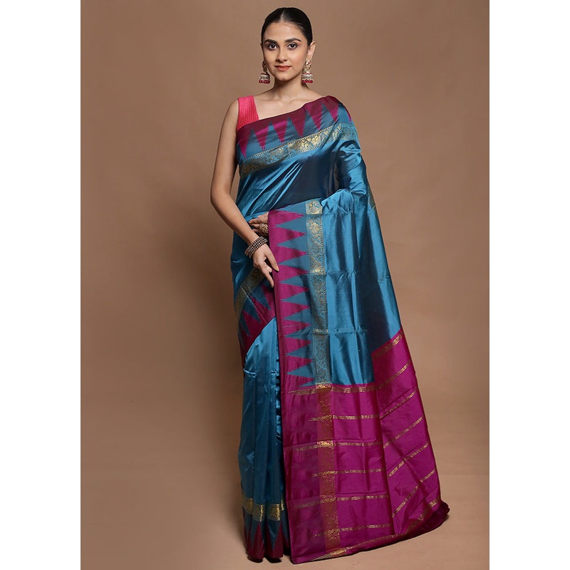 Blue Kanjivaram Silk Saree With Blouse Piece - JD986604150