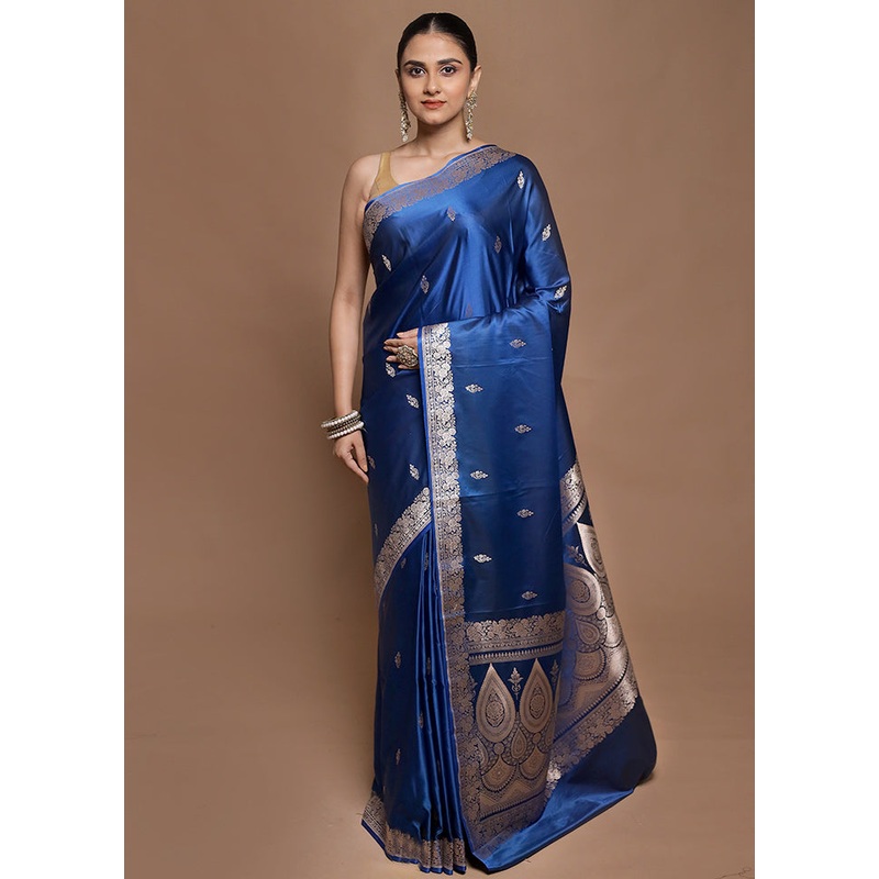 Blue Katan Silk Saree With Blouse Piece - JD986604146
