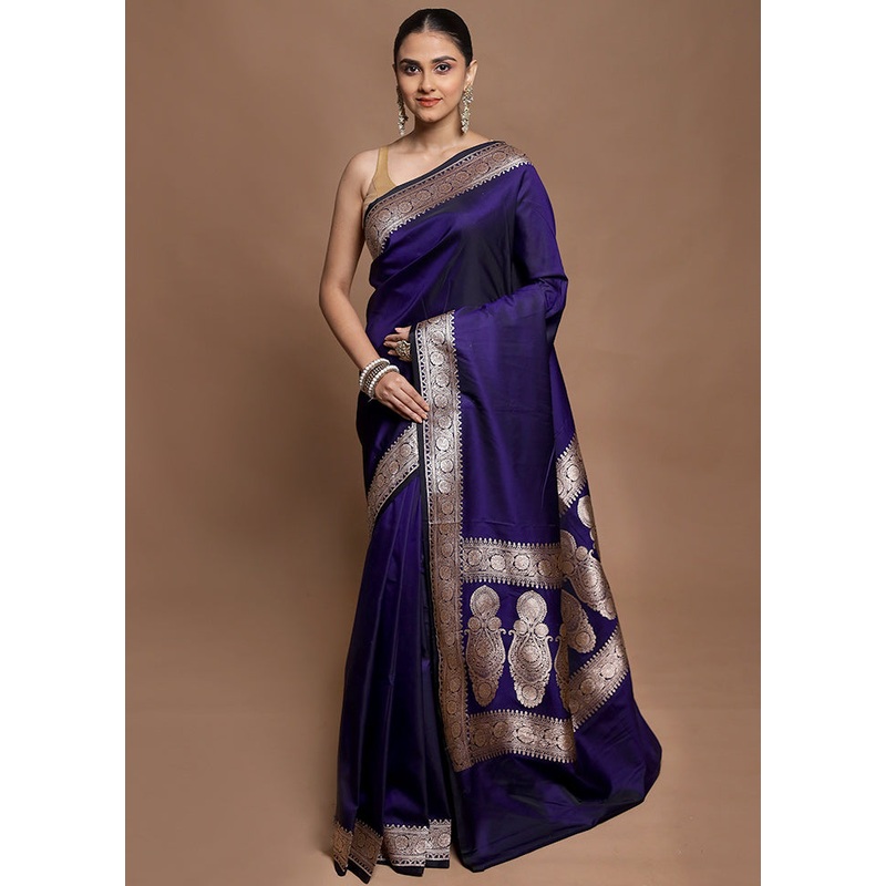 Blue Katan Silk Saree With Blouse Piece - JD986604147