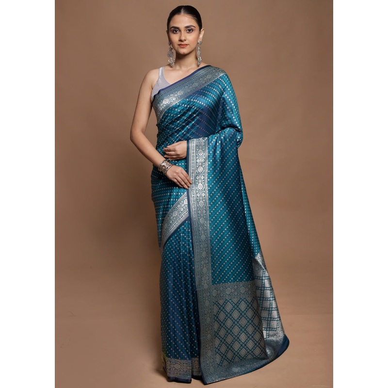 Blue Katan Silk Saree With Blouse Piece - JD986604148