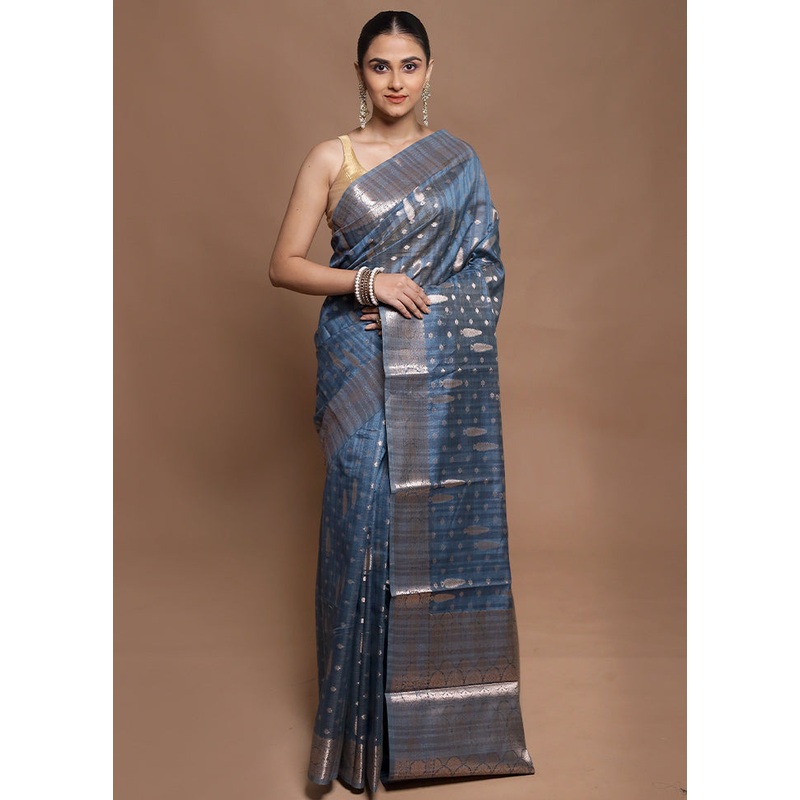 Blue Kora Silk Saree With Blouse Piece - JD986604143