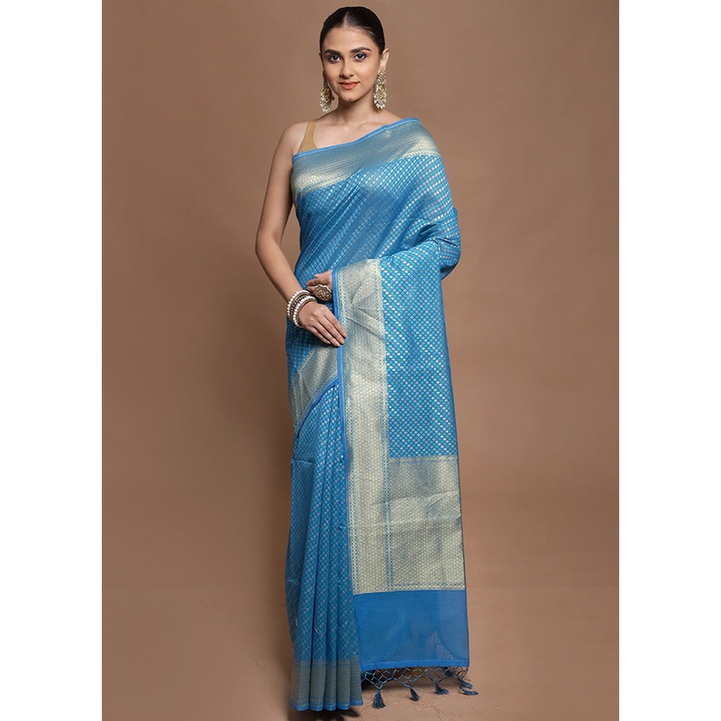 Blue Kora Silk Saree With Blouse Piece - JD986604145