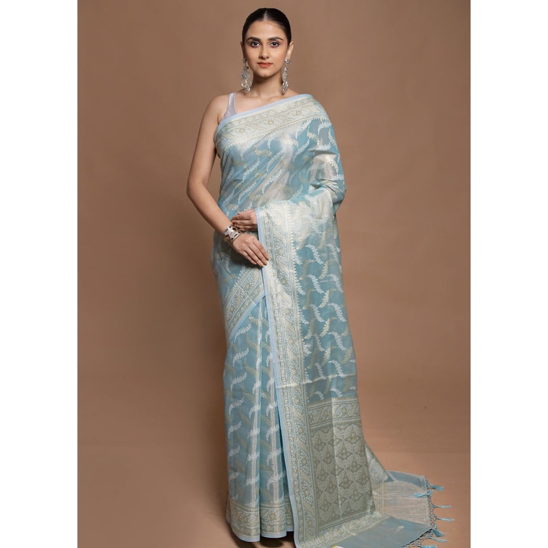 Blue Tissue Silk Saree With Blouse Piece - JD986604142