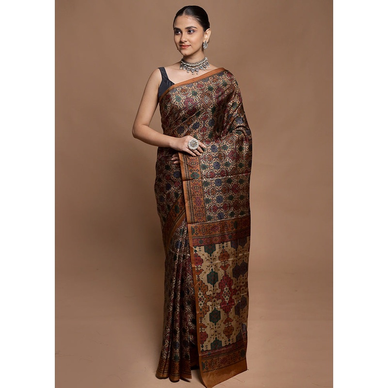 Brown Printed Pure Silk Saree Without Blouse Piece - JD986604139
