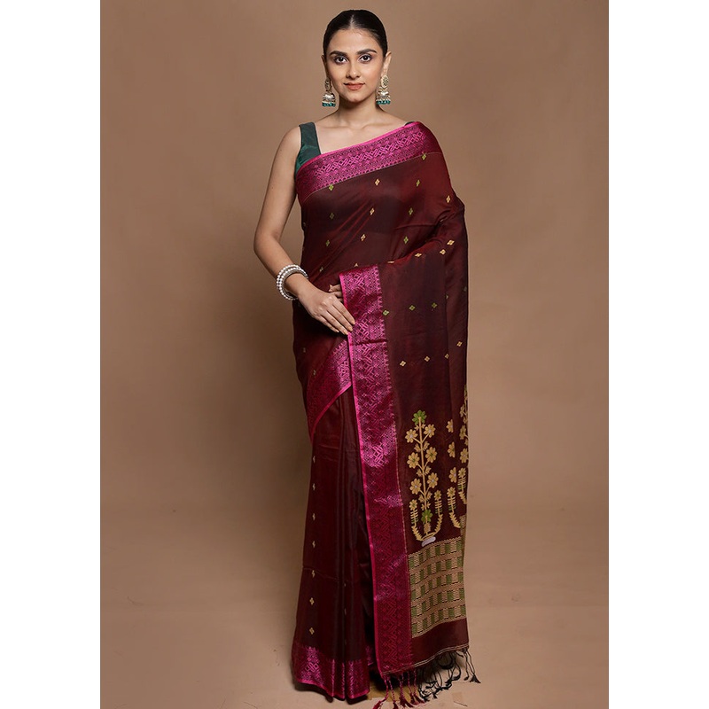 Brown Pure Cotton Saree With Blouse Piece - JD986604138