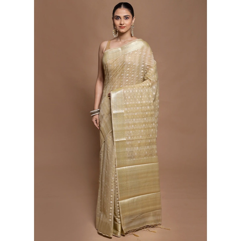 Cream Cotton Saree With Blouse Piece - JD986604137