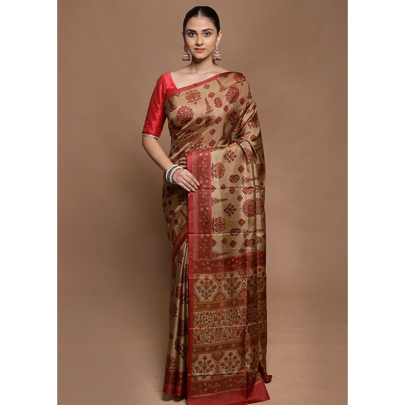 Cream Printed Pure Silk Saree Without Blouse Piece - JD986604135