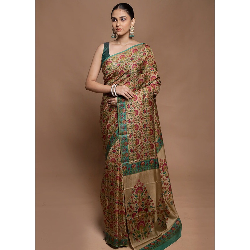 Cream Printed Pure Silk Saree Without Blouse Piece - JD986604136
