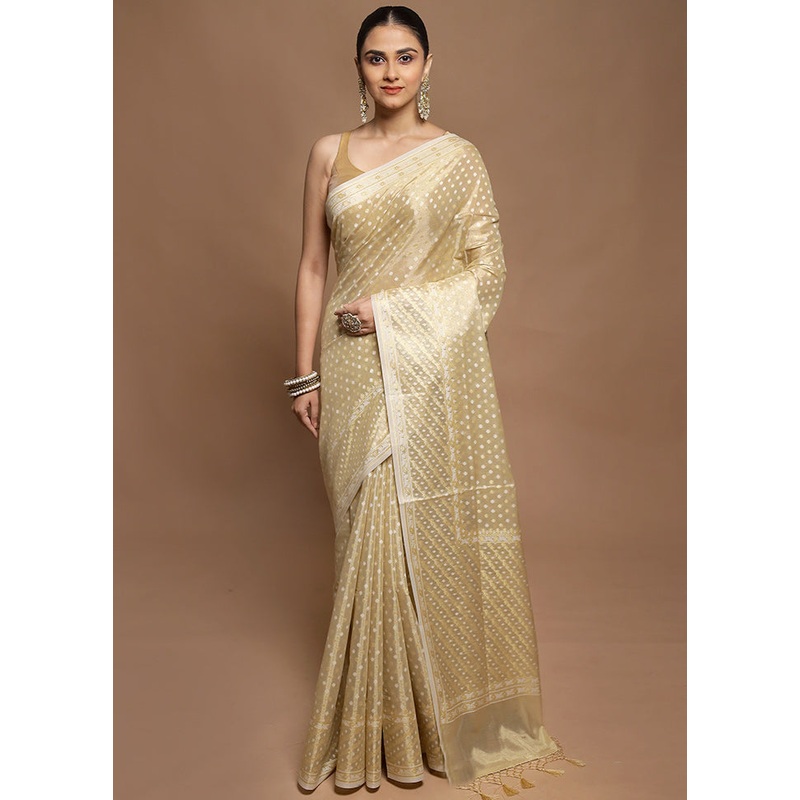 Cream Tissue Silk Saree With Blouse Piece - JD986604133