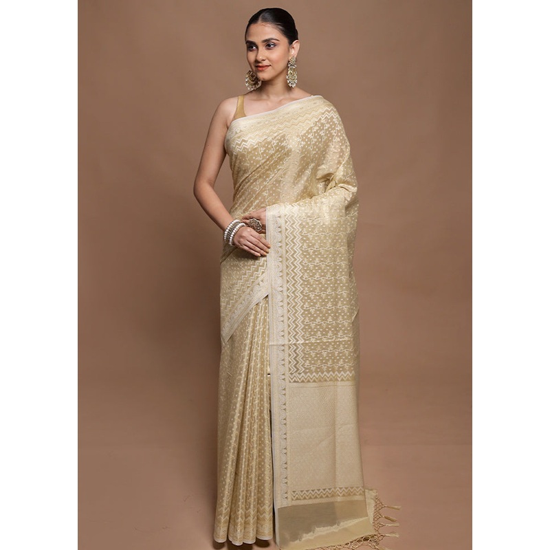 Cream Tissue Silk Saree With Blouse Piece - JD986604134