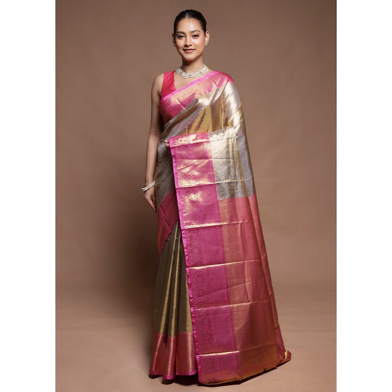 Gold Tissue Silk Saree With Blouse Piece - JD986604131