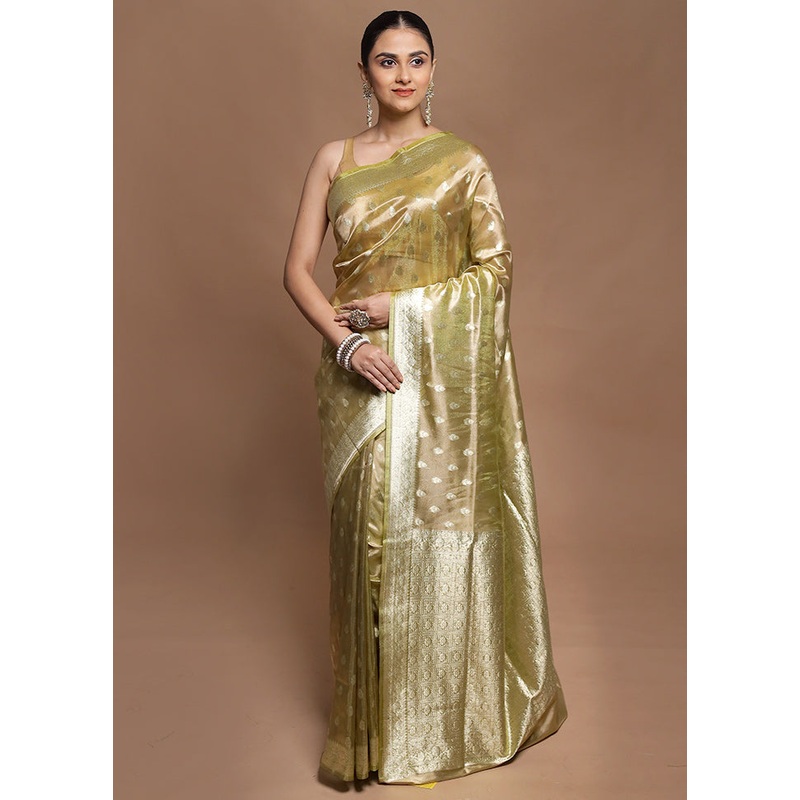 Golden Tissue Silk Saree With Blouse Piece - JD986604132