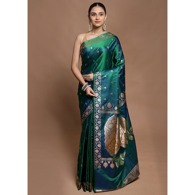 Green Banarasi Silk Saree With Blouse Piece - JD986604129