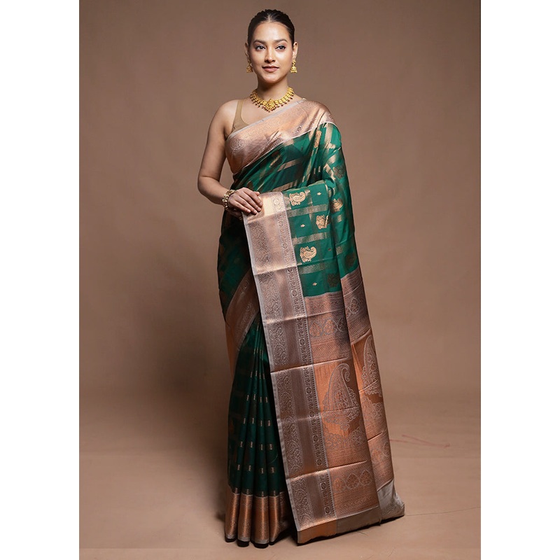 Green Kanjivaram Silk Saree With Blouse Piece - JD986604266
