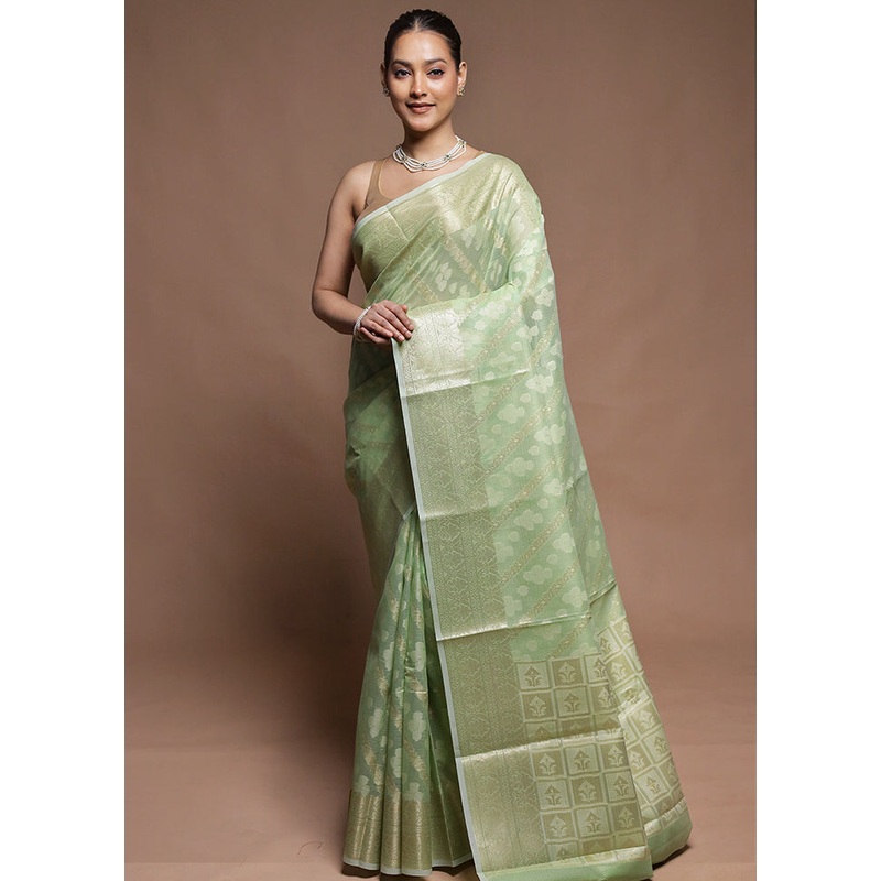 Green Kora Silk Saree With Blouse Piece - JD986604262
