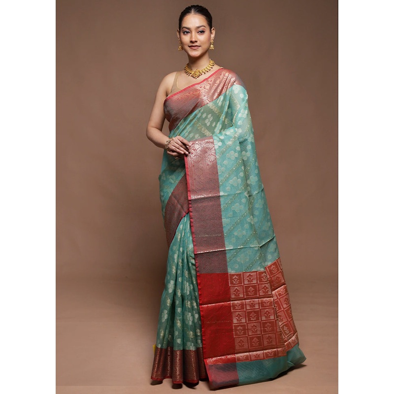 Green Kora Silk Saree With Blouse Piece - JD986604263