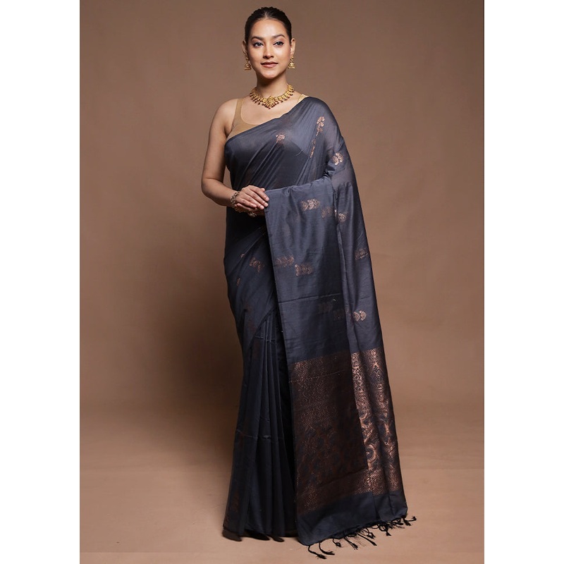 Grey Dupion Silk Saree With Blouse Piece - JD986604260