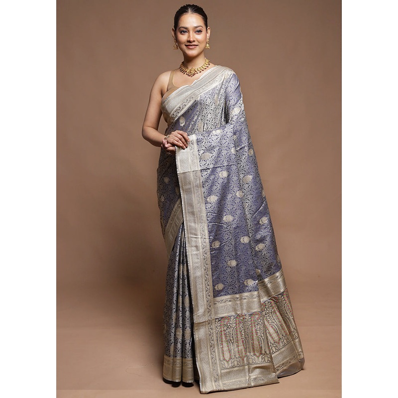 Grey Tanchoi Silk Saree With Blouse Piece - JD986604245