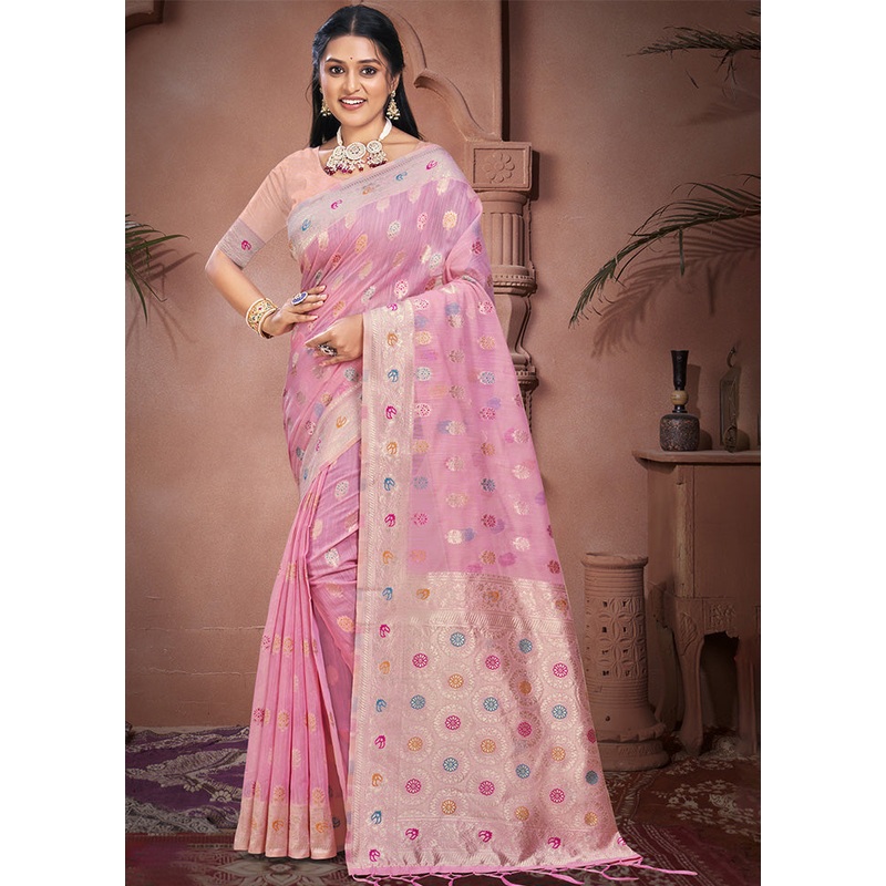 Pink Cotton Saree With Blouse Piece - JD986604126