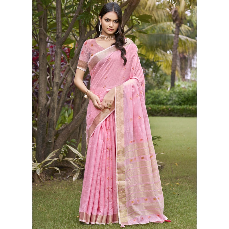 Pink Cotton Saree With Blouse Piece - JD986604127
