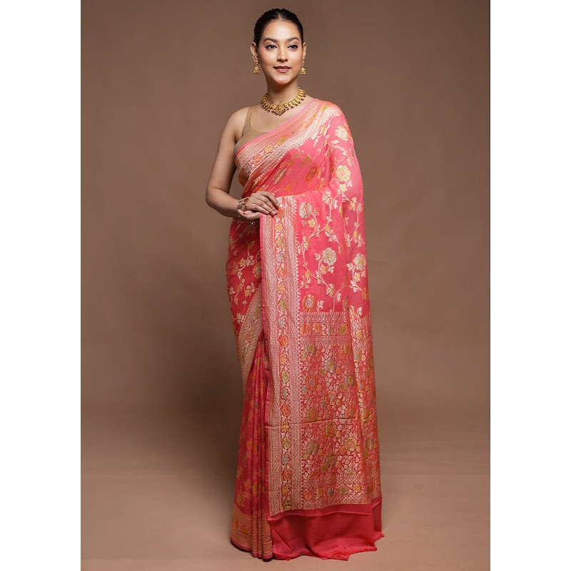 Pink Handloom Pure Georgette Saree With Blouse Piece - JD986604231
