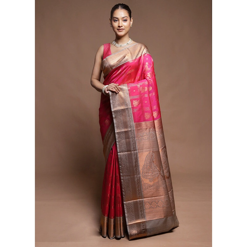 Pink Kanjivaram Silk Saree With Blouse Piece - JD986604217