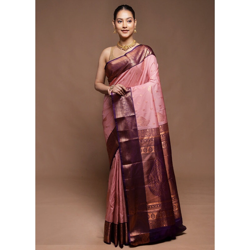 Pink Kanjivaram Silk Saree With Blouse Piece - JD986604219