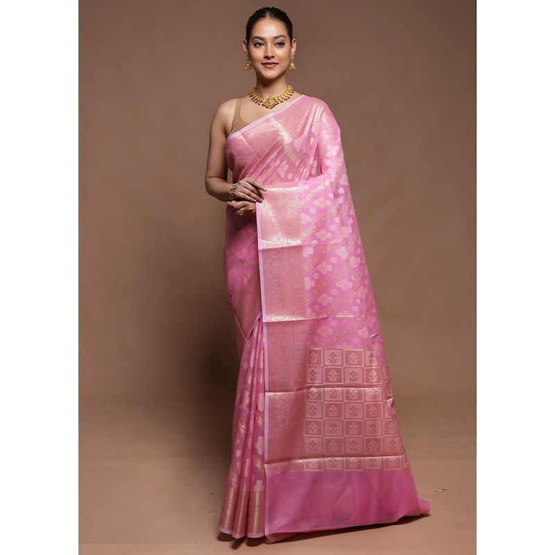 Pink Kora Silk Saree With Blouse Piece - JD986604214