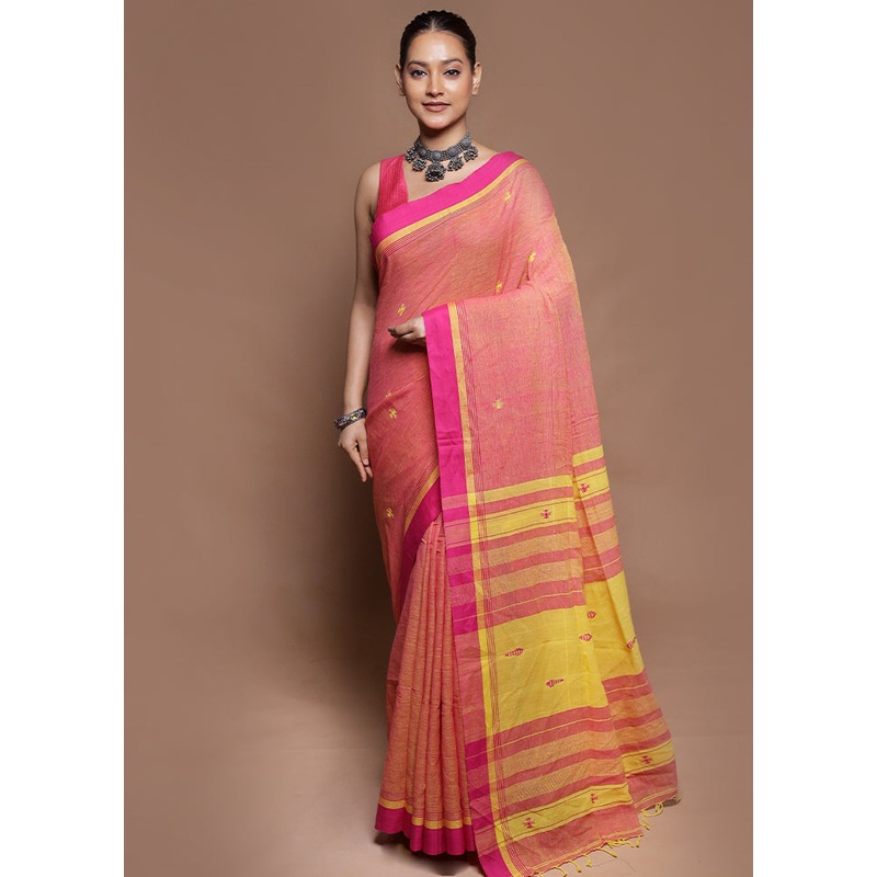 Pink Pure Cotton Saree With Blouse Piece - JD986604213