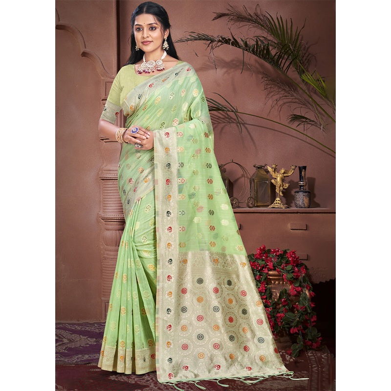 Pista Green Cotton Saree With Blouse Piece - JD986604118