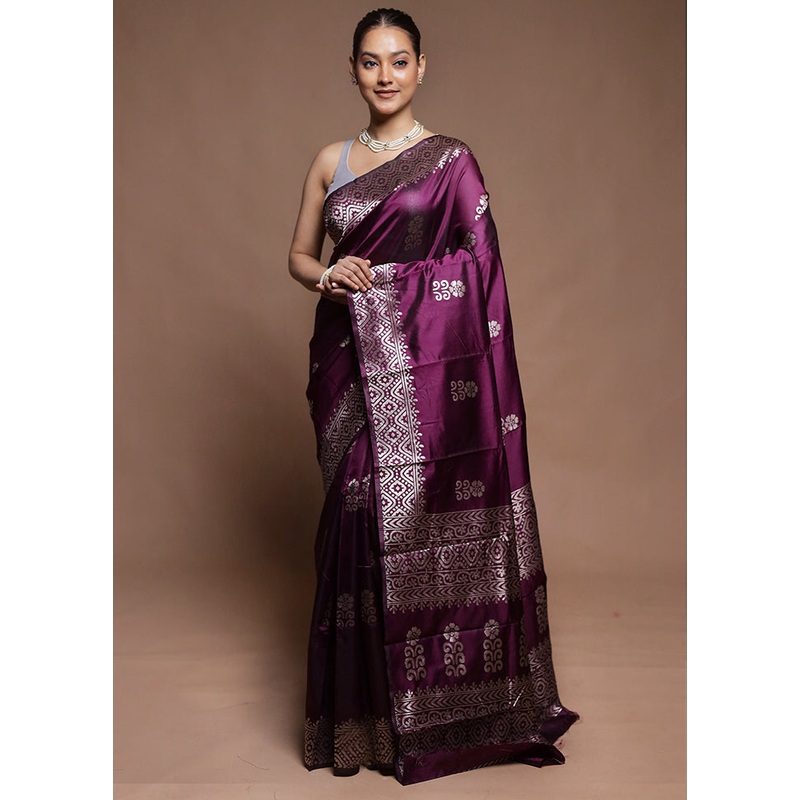 Purple Dupion Silk Saree With Blouse Piece - JD986604210