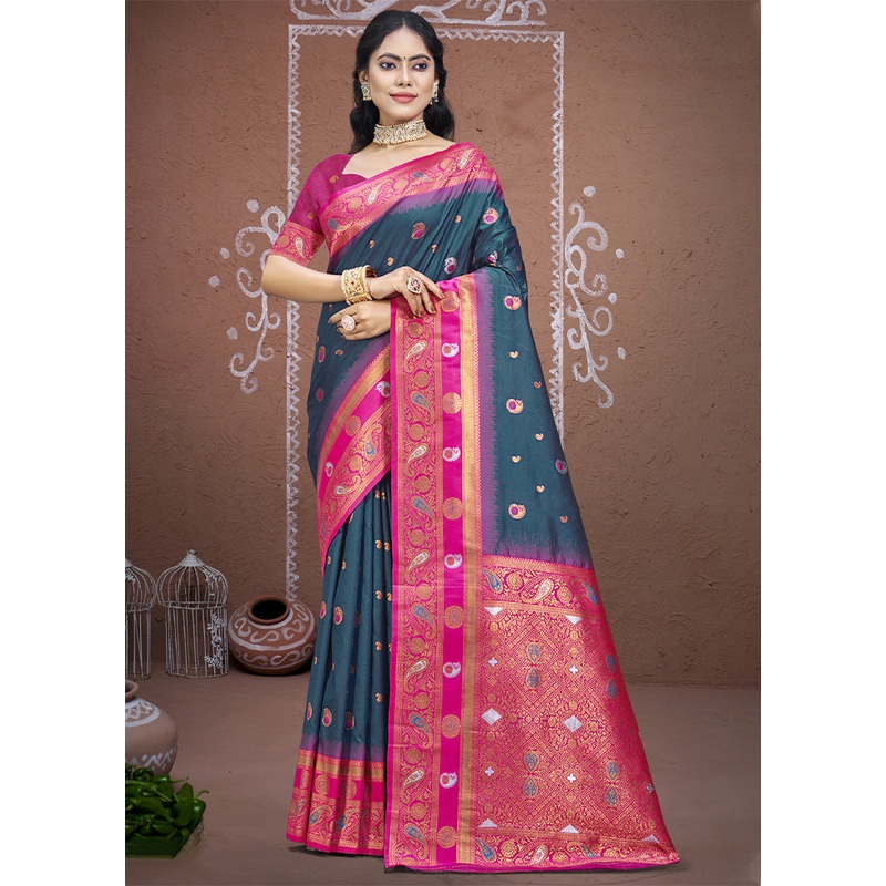 Rama Dupion Silk Saree With Blouse Piece - JD986604109