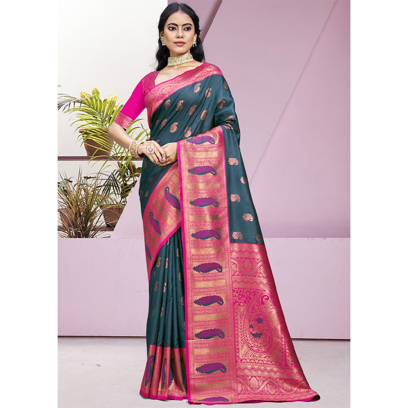 Rama Dupion Silk Saree With Blouse Piece - JD986604110