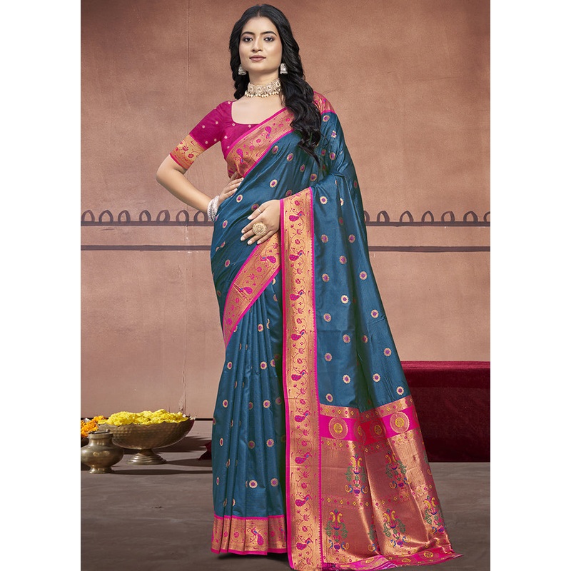 Rama Dupion Silk Saree With Blouse Piece - JD986604112