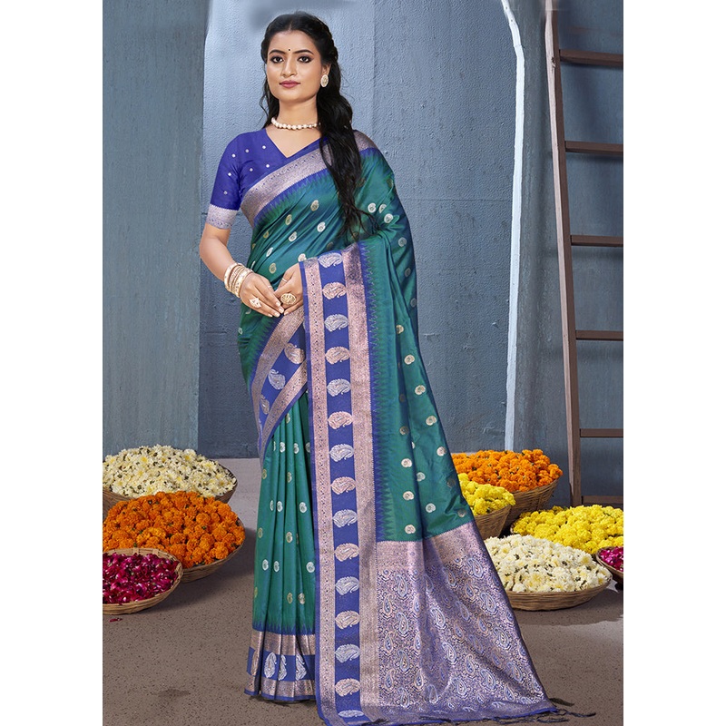 Rama Dupion Silk Saree With Blouse Piece - JD986604113