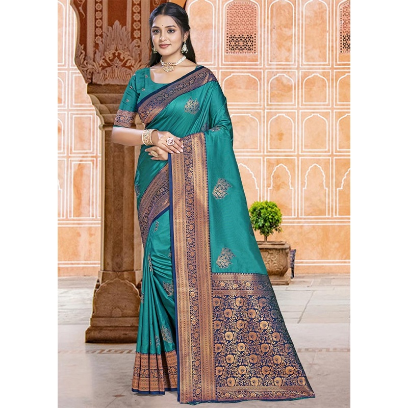 Rama Dupion Silk Saree With Blouse Piece - JD986604114