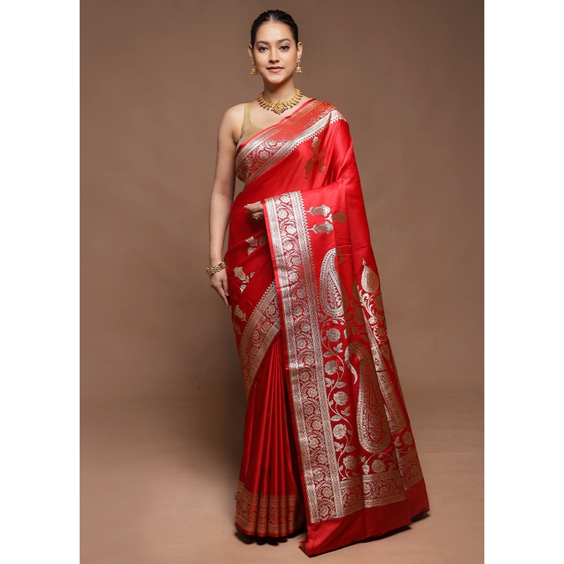 Red Handloom Banarasi Pure Silk Saree With Blouse Piece - JD986604201