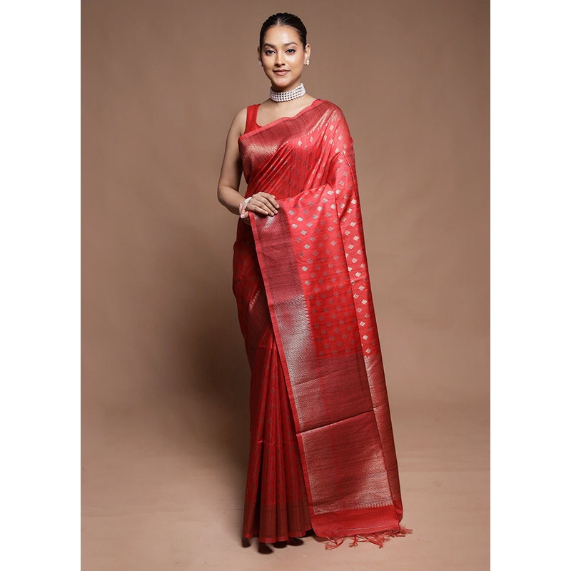 Red Tussar Silk Saree With Blouse Piece - JD986604195