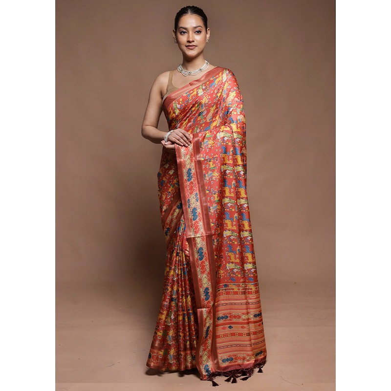 Rust Dupion Silk Saree With Blouse Piece - JD986604194